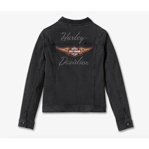 Harley Davidson Women's Denim Jacket NWT  Embroidered Logo Black‎ XL Extra Large